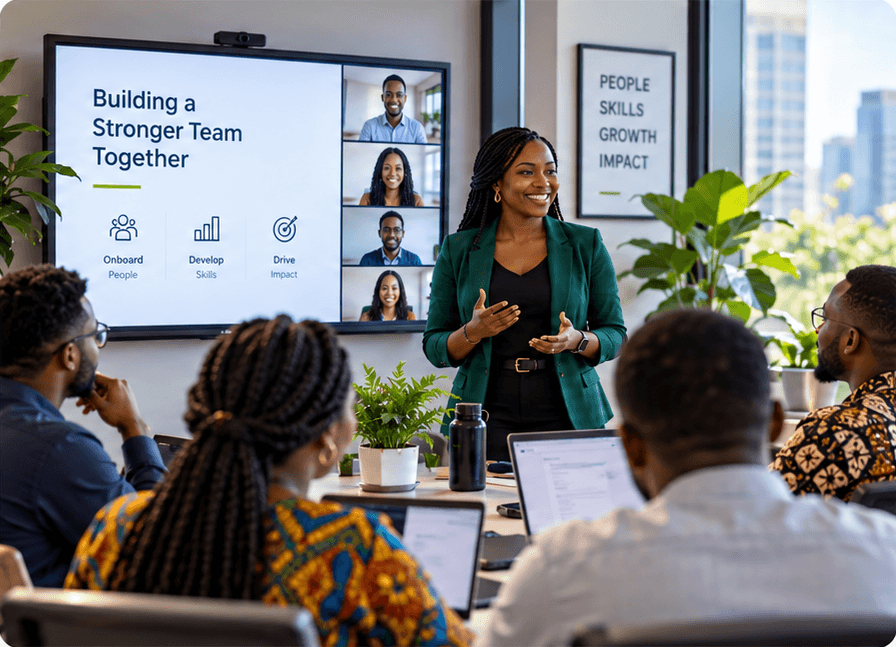 A facilitator leads a live team training session, with remote colleagues joining on the screen behind her