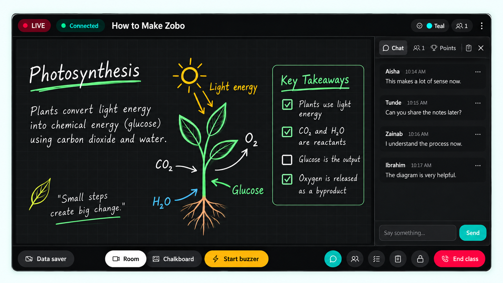 The shared chalkboard in a Livetich live class: a hand-drawn photosynthesis lesson beside the class chat