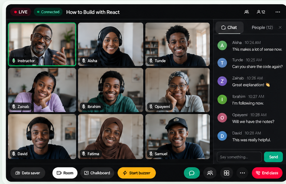 A live Livetich class: an instructor and eight students on video, with the class chat alongside